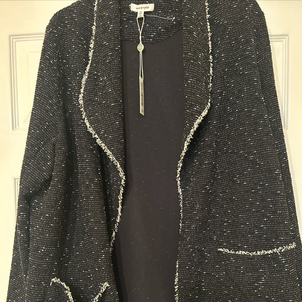 Max Studio Womens Jacket Open Front Pockets Fringe Marled Black Size 1x NWT $128